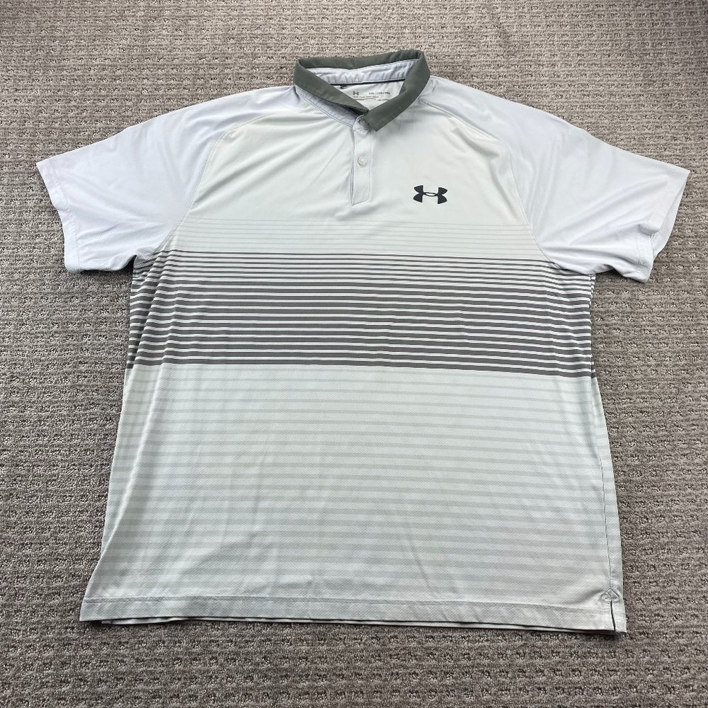 Under ARMOUR UA Golf Shirt Men XXL White Gray Striped Polo HEATGEAR Casual